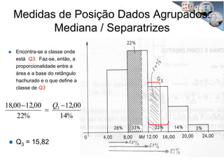 Encontra-se a classe onde
está Q3. Faz-se, então, a
proporcionalidade entre a
área e a base do retângulo
hachurado e o que define a
classe de Q3
Q3 = 15,82
%14
00,12
%22
00,1200,18 3 −
=
− Q
Medidas de Posição Dados Agrupados:
Mediana / Separatrizes
16,00
 