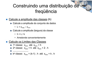 Construindo uma distribuição de
freqüência
Calcule a amplitude das classes (h)
Calcule a amplitude do conjunto de dados
• L = xmáx – xmín
Calcule a amplitude (largura) da classe
• h = L / k
• Arredonde convenientemente
Calcule os Limites das Classes
1a classe: xmín até xmín + h
2a classe: xmín + h até xmín + 2 . h
........................
ka classe: xmín + (k-1) . h até xmín + k . h
 