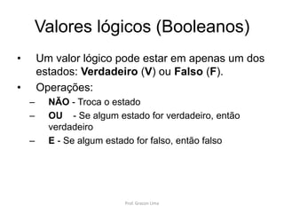 Valores lógicos (Booleanos)
• Um valor lógico pode estar em apenas um dos
estados: Verdadeiro (V) ou Falso (F).
• Operações:
– NÃO - Troca o estado
– OU - Se algum estado for verdadeiro, então
verdadeiro
– E - Se algum estado for falso, então falso
Prof. Gracon Lima
 