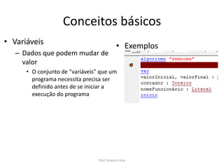 Conceitos básicos
• Variáveis
– Dados que podem mudar de
valor
• O conjunto de “variáveis” que um
programa necessita precisa ser
definido antes de se iniciar a
execução do programa
• Exemplos
Prof. Gracon Lima
 