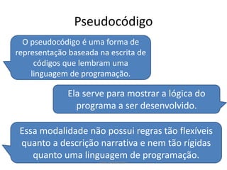Pseudocódigo
O pseudocódigo é uma forma de
representação baseada na escrita de
códigos que lembram uma
linguagem de programação.
Essa modalidade não possui regras tão flexíveis
quanto a descrição narrativa e nem tão rígidas
quanto uma linguagem de programação.
Ela serve para mostrar a lógica do
programa a ser desenvolvido.
Prof. Gracon Lima
 