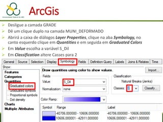  Desligue a camada GRADE
 Dê um clique duplo na camada MUNI_DEFORMADO
 Abrirá a caixa de diálogos Layer Properties, clique na aba Symbology, no
canto esquerdo clique em Quantities e em seguida em Graduated Colors
 Em Value escolha a variável S_Dil
 Em Classification altere Casses para 2
ArcGis
 