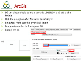 Dê um clique duplo sobre a camada LEGENDA e vá até a aba
Labels
 Habilite a opção Label features in this layer
 Em Label Field escolha a variável Value
 Mude o tamanho da fonte para 10
 Clique em ok
ArcGis
 