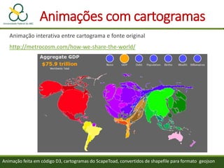 Animações com cartogramas
Animação interativa entre cartograma e fonte original
http://metrocosm.com/how-we-share-the-world/
Animação feita em código D3, cartogramas do ScapeToad, convertidos de shapefile para formato geojson
 