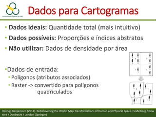 Dados para Cartogramas
• Dados ideais: Quantidade total (mais intuitivo)
• Dados possíveis: Proporções e índices abstratos
• Não utilizar: Dados de densidade por área
•Dados de entrada:
• Polígonos (atributos associados)
• Raster -> convertido para polígonos
quadriculados
Hennig, Benjamin D (2013). Rediscovering the World: Map Transformations of Human and Physical Space. Heidelberg / New
York / Dordrecht / London (Springer)
 