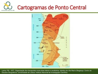 Cartogramas de Ponto Central
Lema, P.B., 1977. Organização dos transportes numa área interior e excêntrica: distritos de Vila Real e Bragança. Centro de
Estudos Geográficos, Universidade de Lisboa: Instituto Nacional de Investigação Científica.
 