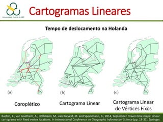 Cartogramas Lineares
Buchin, K., van Goethem, A., Hoffmann, M., van Kreveld, M. and Speckmann, B., 2014, September. Travel-time maps: Linear
cartograms with fixed vertex locations. In International Conference on Geographic Information Science (pp. 18-33). Springer.
Tempo de deslocamento na Holanda
Coroplético Cartograma Linear Cartograma Linear
de Vértices Fíxos
 