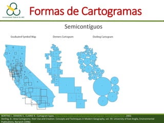Formas de Cartogramas
Semicontíguos
BORTINS I., DEMERS S., CLARKE K.: Cartogram types. http://www.ncgia.ucsb.edu/projects/Cartogram_Central/types.html , 2002.
Dorling, D.: Area Cartograms: their Use and Creation. Concepts and Techniques in Modern Geography, vol. 59. University of East Anglia, Environmental
Publications, Norwich (1996)
 