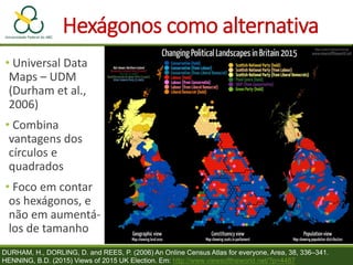 Hexágonos como alternativa
• Universal Data
Maps – UDM
(Durham et al.,
2006)
• Combina
vantagens dos
círculos e
quadrados
• Foco em contar
os hexágonos, e
não em aumentá-
los de tamanho
DURHAM, H., DORLING, D. and REES, P. (2006) An Online Census Atlas for everyone, Area, 38, 336–341.
HENNING, B.D. (2015) Views of 2015 UK Election. Em: http://www.viewsoftheworld.net/?p=4487
 