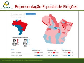 http://eleicoes.folha.uol.com.br/2014/2turno/mapainterativo/
Representação Espacial de Eleições
 