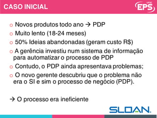 2
o Novos produtos todo ano à PDP
o Muito lento (18-24 meses)
o 50% Ideias abandonadas (geram custo R$)
o A gerência investiu num sistema de informação
para automatizar o processo de PDP
o Contudo, o PDP ainda apresentava problemas;
o O novo gerente descubriu que o problema não
era o SI e sim o processo de negócio (PDP).
à O processo era ineficiente
CASO INICIAL
 