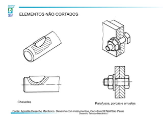 Desenho Técnico Mecânico I
ELEMENTOS NÃO CORTADOS
Chavetas Parafusos, porcas e arruelas
Fonte: Apostila Desenho Mecânico. Desenho com instrumentos. Convênio SENAI/São Paulo
 