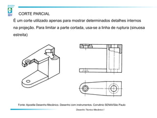 Desenho Técnico Mecânico I
CORTE PARCIAL
É um corte utilizado apenas para mostrar determinados detalhes internos
na projeção. Para limitar a parte cortada, usa-se a linha de ruptura (sinuosa
estreita)
Fonte: Apostila Desenho Mecânico. Desenho com instrumentos. Convênio SENAI/São Paulo
 