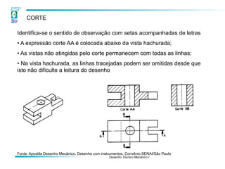 Desenho Técnico Mecânico I
CORTE
Identifica-se o sentido de observação com setas acompanhadas de letras
• A expressão corte AA é colocada abaixo da vista hachurada;
• As vistas não atingidas pelo corte permanecem com todas as linhas;
• Na vista hachurada, as linhas tracejadas podem ser omitidas desde que
isto não dificulte a leitura do desenho
Fonte: Apostila Desenho Mecânico. Desenho com instrumentos. Convênio SENAI/São Paulo
 