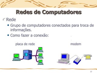 37
Redes de Computadores
Redes de Computadores
Rede
Grupo de computadores conectados para troca de
informações.
Como fazer a conexão:
placa de rede modem
 