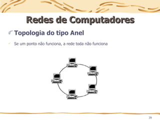 39
Redes de Computadores
Redes de Computadores
Topologia do tipo Anel
 Se um ponto não funciona, a rede toda não funciona
 
