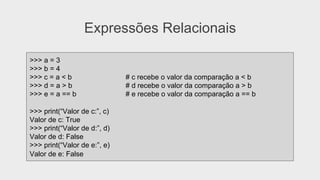 Expressões Relacionais
>>> a = 3
>>> b = 4
>>> c = a < b # c recebe o valor da comparação a < b
>>> d = a > b # d recebe o valor da comparação a > b
>>> e = a == b # e recebe o valor da comparação a == b
>>> print(“Valor de c:”, c)
Valor de c: True
>>> print(“Valor de d:”, d)
Valor de d: False
>>> print(“Valor de e:”, e)
Valor de e: False
 