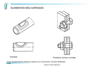 ELEMENTOS NÃO CORTADOS
Chavetas
Fonte: Apostila Desenho Mecânico. Desenho com instrumentos. Convênio SENAI/São
Paulo
Desenho Técnico Mecânico I
Parafusos, porcas e arruelas
 