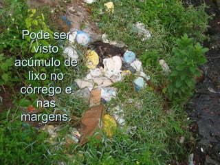 Pode ser visto acúmulo de lixo no córrego e nas margens. 