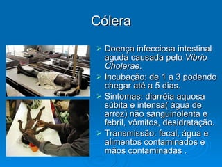 Cólera Doença infecciosa intestinal aguda causada pelo  Vibrio Cholerae. Incubação: de 1 a 3 podendo chegar até a 5 dias. Sintomas: diarréia aquosa súbita e intensa( água de arroz) não sanguinolenta e febril, vômitos, desidratação. Transmissão: fecal, água e alimentos contaminados e mãos contaminadas . 