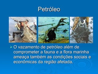 Petróleo O vazamento de petróleo além de comprometer a fauna e a flora marinha ameaça também as condições sociais e econômicas da região afetada. 