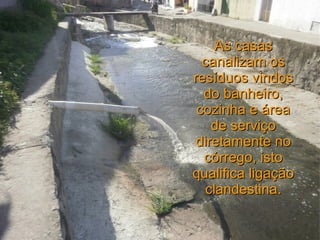 As casas canalizam os resíduos vindos do banheiro, cozinha e área de serviço diretamente no córrego, isto qualifica ligação clandestina. 