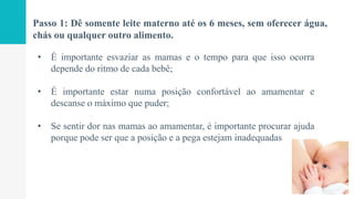 • É importante esvaziar as mamas e o tempo para que isso ocorra
depende do ritmo de cada bebê;
• É importante estar numa posição confortável ao amamentar e
descanse o máximo que puder;
• Se sentir dor nas mamas ao amamentar, é importante procurar ajuda
porque pode ser que a posição e a pega estejam inadequadas
Passo 1: Dê somente leite materno até os 6 meses, sem oferecer água,
chás ou qualquer outro alimento.
 