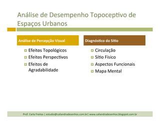Análise	
  de	
  Desempenho	
  TopocepTvo	
  de	
  
Espaços	
  Urbanos	
  
¤  Efeitos	
  Topológicos	
  
¤  Efeitos	
  PerspecTvos	
  
¤  Efeitos	
  de	
  
Agradabilidade	
  
¤  Circulação	
  
¤  SíTo	
  Físico	
  
¤  Aspectos	
  Funcionais	
  
¤  Mapa	
  Mental	
  
Análise	
  de	
  Percepção	
  Visual	
   Diagnós7co	
  do	
  Sí7o	
  
Prof.	
  Carla	
  Freitas	
  |	
  estudio@caliandradesenhos.com.br|	
  www.caliandradesenhos.blogspot.com.br	
  
 