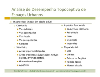 Análise	
  de	
  Desempenho	
  TopocepTvo	
  de	
  
Espaços	
  Urbanos	
  
¨  DiagnósTcos	
  (mapas	
  em	
  escala	
  1:200)	
  
¤  Circulação	
  
n  Vias	
  arteriais	
  
n  Vias	
  secundárias	
  
n  Vias	
  locais	
  
n  Via	
  para	
  pedestre	
  
n  Ciclovias	
  
¤  SíTo	
  Físico	
  
n  Áreas	
  impermeabilizadas	
  
n  Áreas	
  arborizadas	
  (vegetações	
  naTvas	
  
ou	
  não,	
  diversos	
  portes)	
  
n  Gramados	
  e	
  forrações	
  
n  Aquíferos	
  
¤  Aspectos	
  Funcionais	
  
n  Comércio	
  /	
  Escritório	
  
n  Residência	
  
n  Lazer	
  
n  Uso	
  misto	
  
n  Indústrias	
  
¤  Mapa	
  Mental	
  
n  Vias	
  
n  Limites	
  
n  Bairros	
  ou	
  Regiões	
  
n  Pontos	
  nodais	
  
n  Marcos	
  visuais	
  
	
  
Prof.	
  Carla	
  Freitas	
  |	
  estudio@caliandradesenhos.com.br|	
  www.caliandradesenhos.blogspot.com.br	
  
 