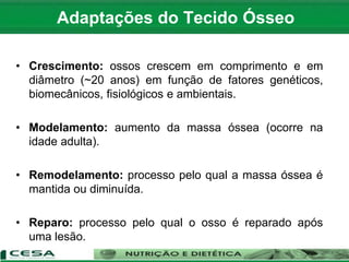 • Crescimento: ossos crescem em comprimento e em
diâmetro (~20 anos) em função de fatores genéticos,
biomecânicos, fisiológicos e ambientais.
• Modelamento: aumento da massa óssea (ocorre na
idade adulta).
• Remodelamento: processo pelo qual a massa óssea é
mantida ou diminuída.
• Reparo: processo pelo qual o osso é reparado após
uma lesão.
Adaptações do Tecido Ósseo
 
