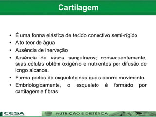 • É uma forma elástica de tecido conectivo semi-rígido
• Alto teor de água
• Ausência de inervação
• Ausência de vasos sanguíneos; consequentemente,
suas células obtêm oxigênio e nutrientes por difusão de
longo alcance.
• Forma partes do esqueleto nas quais ocorre movimento.
• Embriologicamente, o esqueleto é formado por
cartilagem e fibras
Cartilagem
 