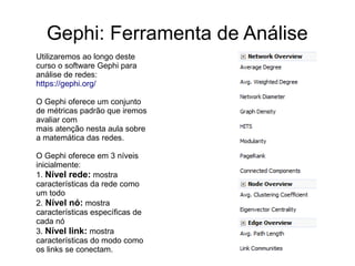 Gephi: Ferramenta de Análise
Utilizaremos ao longo deste
curso o software Gephi para
análise de redes:
https://gephi.org/
O Gephi oferece um conjunto
de métricas padrão que iremos
avaliar com
mais atenção nesta aula sobre
a matemática das redes.
O Gephi oferece em 3 níveis
inicialmente:
1. Nível rede: mostra
características da rede como
um todo
2. Nível nó: mostra
características específicas de
cada nó
3. Nível link: mostra
características do modo como
os links se conectam.
 