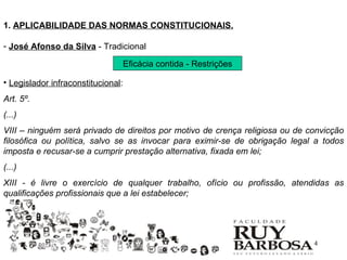 1. APLICABILIDADE DAS NORMAS CONSTITUCIONAIS.

- José Afonso da Silva - Tradicional

                                    Eficácia contida - Restrições

• Legislador infraconstitucional:
Art. 5º.
(...)
VIII – ninguém será privado de direitos por motivo de crença religiosa ou de convicção
filosófica ou política, salvo se as invocar para eximir-se de obrigação legal a todos
imposta e recusar-se a cumprir prestação alternativa, fixada em lei;
(...)
XIII - é livre o exercício de qualquer trabalho, ofício ou profissão, atendidas as
qualificações profissionais que a lei estabelecer;




                                                                              4
 