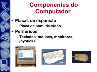 Componentes do Computador  Placas de expansão Placa de som, de vídeo Periféricos Teclados, mouses, monitores, joysticks 