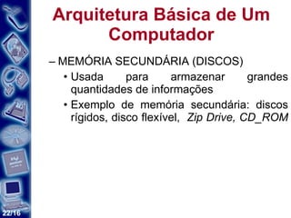 Arquitetura Básica de Um Computador MEMÓRIA SECUNDÁRIA (DISCOS) Usada para armazenar grandes quantidades de informações Exemplo de memória secundária: discos rígidos, disco flexível,  Zip Drive, CD_ROM   