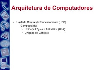 Arquitetura de Computadores Unidade Central de Processamento (UCP)  Composta de: Unidade Lógica e Aritmética (ULA) Unidade de Controle 