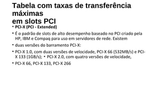 Tabela com taxas de transferência
máximas
em slots PCI
• PCI-X (PCI - Extended)
• É o padrão de slots de alto desempenho baseado no PCI criado pela
HP, IBM e Compaq para uso em servidores de rede. Existem
• duas versões do barramento PCI-X:
• PCI-X 1.0, com duas versões de velocidade, PCI-X 66 (532MB/s) e PCI-
X 133 (1GB/s); PCI-X 2.0, com quatro versões de velocidade,▪
• PCI-X 66, PCI-X 133, PCI-X 266
 