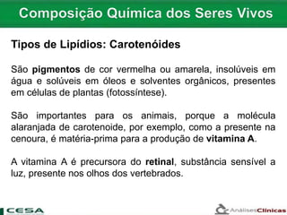 São pigmentos de cor vermelha ou amarela, insolúveis em
água e solúveis em óleos e solventes orgânicos, presentes
em células de plantas (fotossíntese).
São importantes para os animais, porque a molécula
alaranjada de carotenoide, por exemplo, como a presente na
cenoura, é matéria-prima para a produção de vitamina A.
A vitamina A é precursora do retinal, substância sensível a
luz, presente nos olhos dos vertebrados.
Tipos de Lipídios: Carotenóides
 