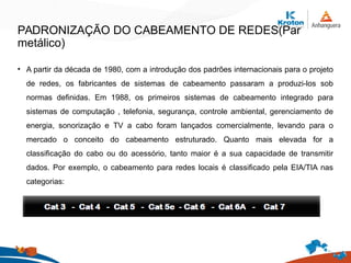 PADRONIZAÇÃO DO CABEAMENTO DE REDES(Par
metálico)
• A partir da década de 1980, com a introdução dos padrões internacionais para o projeto
de redes, os fabricantes de sistemas de cabeamento passaram a produzi-los sob
normas definidas. Em 1988, os primeiros sistemas de cabeamento integrado para
sistemas de computação , telefonia, segurança, controle ambiental, gerenciamento de
energia, sonorização e TV a cabo foram lançados comercialmente, levando para o
mercado o conceito do cabeamento estruturado. Quanto mais elevada for a
classificação do cabo ou do acessório, tanto maior é a sua capacidade de transmitir
dados. Por exemplo, o cabeamento para redes locais é classificado pela EIA/TIA nas
categorias:
 