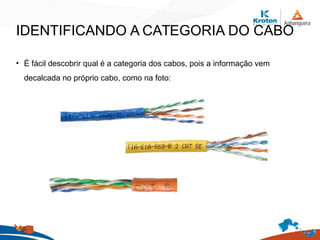 IDENTIFICANDO A CATEGORIA DO CABO
• É fácil descobrir qual é a categoria dos cabos, pois a informação vem
decalcada no próprio cabo, como na foto:
 