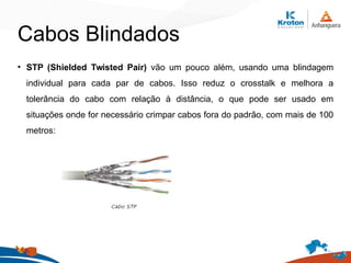 Cabos Blindados
• STP (Shielded Twisted Pair) vão um pouco além, usando uma blindagem
individual para cada par de cabos. Isso reduz o crosstalk e melhora a
tolerância do cabo com relação à distância, o que pode ser usado em
situações onde for necessário crimpar cabos fora do padrão, com mais de 100
metros:
 