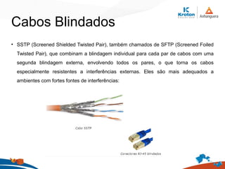 Cabos Blindados
• SSTP (Screened Shielded Twisted Pair), também chamados de SFTP (Screened Foiled
Twisted Pair), que combinam a blindagem individual para cada par de cabos com uma
segunda blindagem externa, envolvendo todos os pares, o que torna os cabos
especialmente resistentes a interferências externas. Eles são mais adequados a
ambientes com fortes fontes de interferências:
 