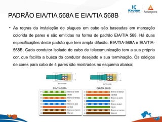 PADRÃO EIA/TIA 568A E EIA/TIA 568B
• As regras da instalação de plugues em cabo são baseadas em marcação
colorida de pares e são emitidas na forma de padrão EIA/TIA 568. Há duas
especificações deste padrão que tem ampla difusão: EIA/TIA-568A e EIA/TIA-
568B. Cada condutor isolado do cabo de telecomunicação tem a sua própria
cor, que facilita a busca do condutor desejado e sua terminação. Os códigos
de cores para cabo de 4 pares são mostrados no esquema abaixo:
 