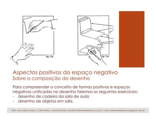 Aspectos positivos do espaço negativo
Sobre a composição do desenho
Para compreender o conceito de formas positivas e espaços
negativos unificados no desenho faremos os seguintes exercícios:
-  desenho de cadeira da sala de aula;
-  desenho de objetos em sala.
Profs. Ana Cristina Castro | Carla Freitas | Jamil Tancredi| estudio@caliandradesenhos.com.br | www.caliandradesenhos.blogspot.com.br
 