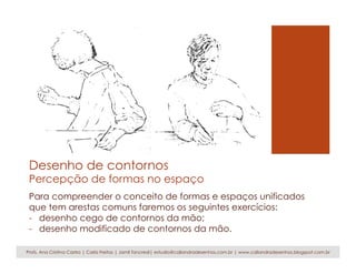 Desenho de contornos
Percepção de formas no espaço
Para compreender o conceito de formas e espaços unificados
que tem arestas comuns faremos os seguintes exercícios:
-  desenho cego de contornos da mão;
-  desenho modificado de contornos da mão.
Profs. Ana Cristina Castro | Carla Freitas | Jamil Tancredi| estudio@caliandradesenhos.com.br | www.caliandradesenhos.blogspot.com.br
 