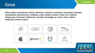 Cinza
14
19/11/2019
Tédio, tristeza, decadência, velhice, desânimo, sabedoria, seriedade, maturidade, passado,
neutralidade, aborrecimento, modéstia, chato, solidão, sombrio, hostil, feio, reflexão,
insegurança, insensível, indiferença, inovação, tecnologia, pó, chuva, ratos, neblina,
máquinas, cimento, sujeira.
 