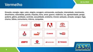 Vermelho
6
19/11/2019
Emoção, energia, vigor, calor, alegria, coragem, extroversão, excitação, intensidade, movimento,
dinamismo, velocidade, paixão, impulso, fúria, amor, guerra, violência, ira, agressividade, perigo,
poderio, glória, proibição, controle, sexualidade, erotismo, imoral, sedução, atração, sangue, fogo,
chama, lábios, comunismo, inferno, conquista.
 