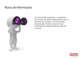 Busca de Informações
O consumidor pesquisa o ambiente
em busca de dados adequados para a
tomada de decisão. O consumidor
interessado tende a buscar mais
informações dependendo do tipo de
compra.
 