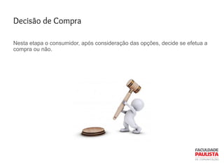 Decisão de Compra
Nesta etapa o consumidor, após consideração das opções, decide se efetua a
compra ou não.
 
