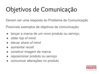 Devem ser uma resposta ao Problema de Comunicação
Possíveis exemplos de objetivos de comunicação:
● lançar a marca de um novo produto ou serviço;
● obter top of mind
● elevar share of mind
● aumentar recall
● construir imagem de marca
● reposicionar produto ou serviço
● comunicar alterações no produto
Objetivos de Comunicação
 